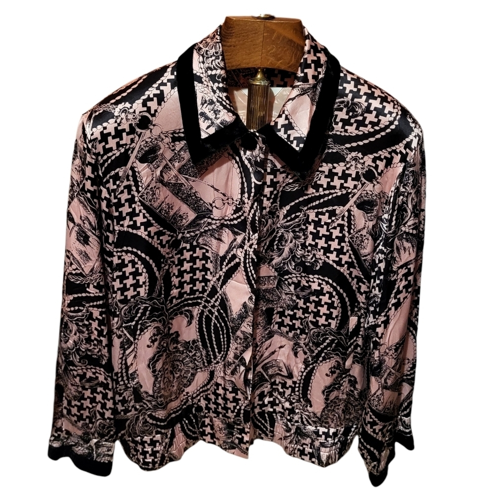 Vintage Y2K Peter Nygard Silk Bomber Jacket Velvet Trim Black & Pink Size 8